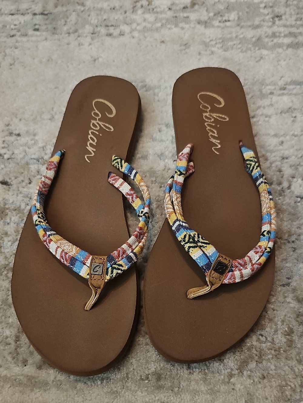 Cobian Women's Brown Sandals with Multicolor Woven Straps 7.5/8